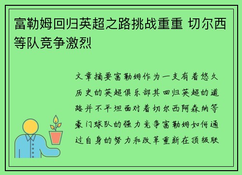 富勒姆回归英超之路挑战重重 切尔西等队竞争激烈